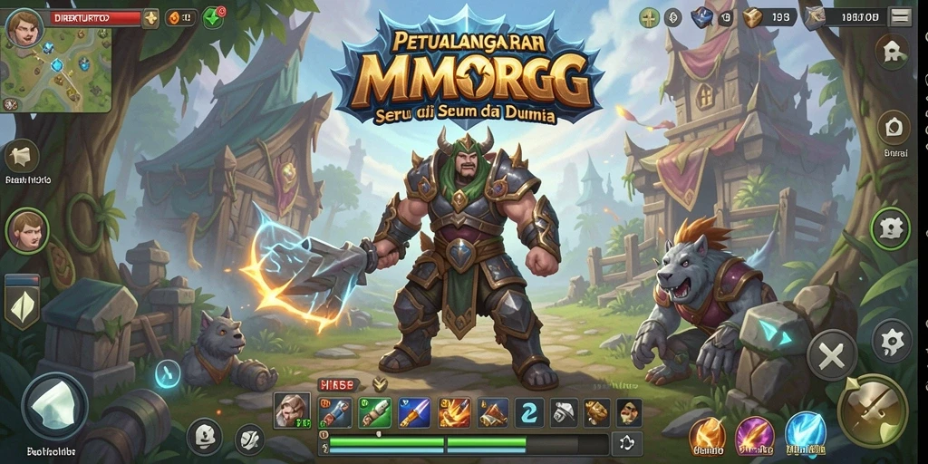 Screenshot permainan DIREKTURTOTO menampilkan pertarungan epik antara karakter dengan monster besar.