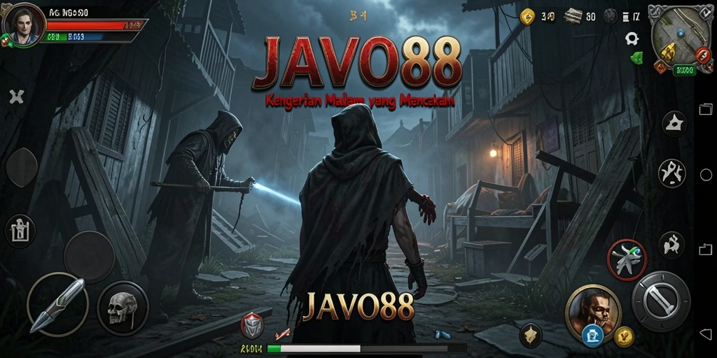 Screenshot gameplay JAVO88 menampilkan suasana mencekam dan elemen horor yang intens.