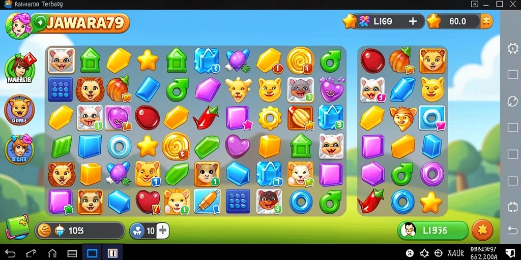 Screenshot menampilkan gameplay JAWARA79 dengan elemen Match-3 yang menarik.