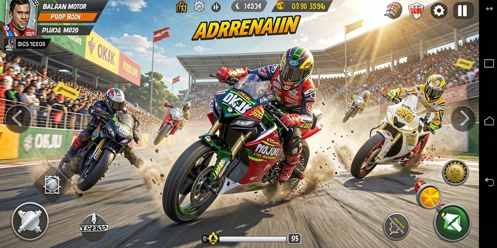 Tampilan gameplay penuh aksi balapan motor di OKJK.